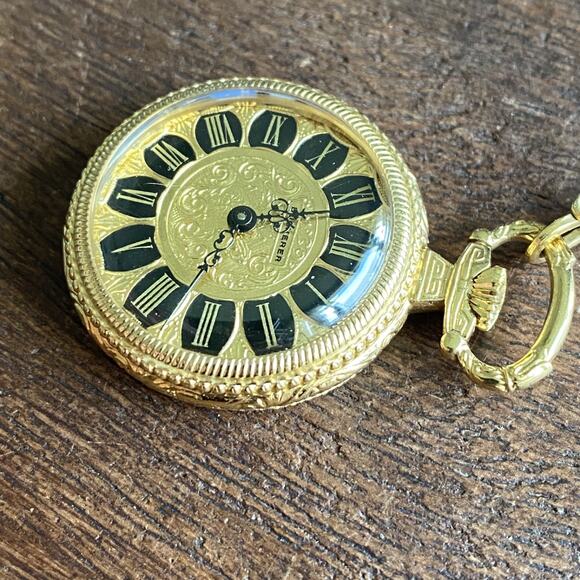 Bucherer Gold Tone Floral Engraved Pendant Pocket Watch w/ Chain *Read* - Picture 3 of 12